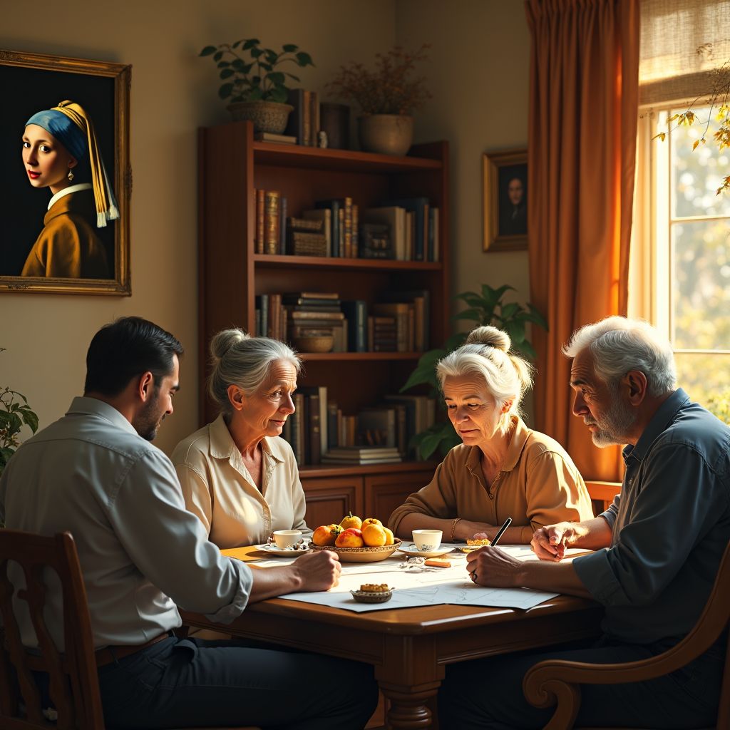 Four adults sit around a table with papers and fruit, bathed in warm light from a nearby window.