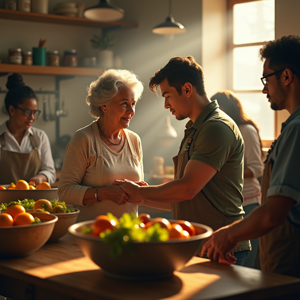 An older woman smiles while holding hands with a younger man in a brightly lit kitchen, alongside other blurred figures.
