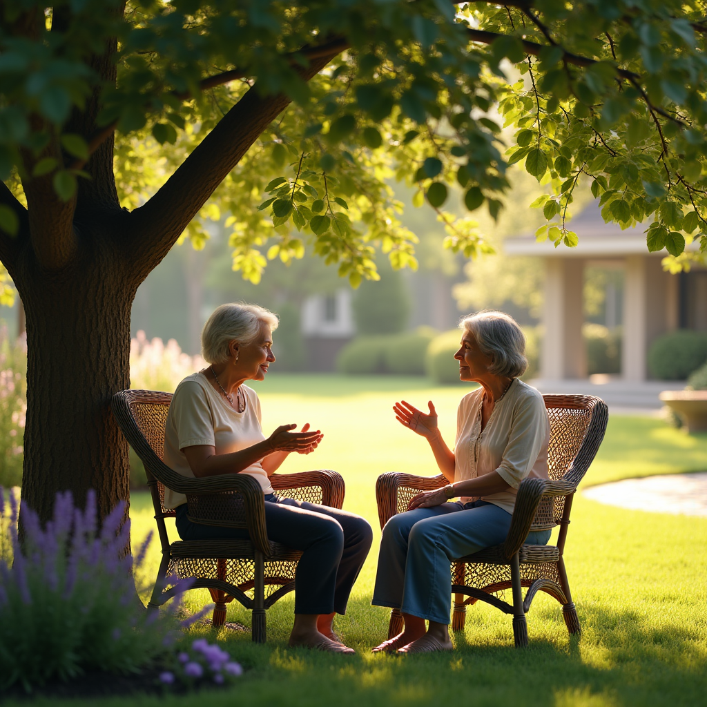 Two older women sit facing each other in wicker chairs under a leafy tree on a sunny lawn.