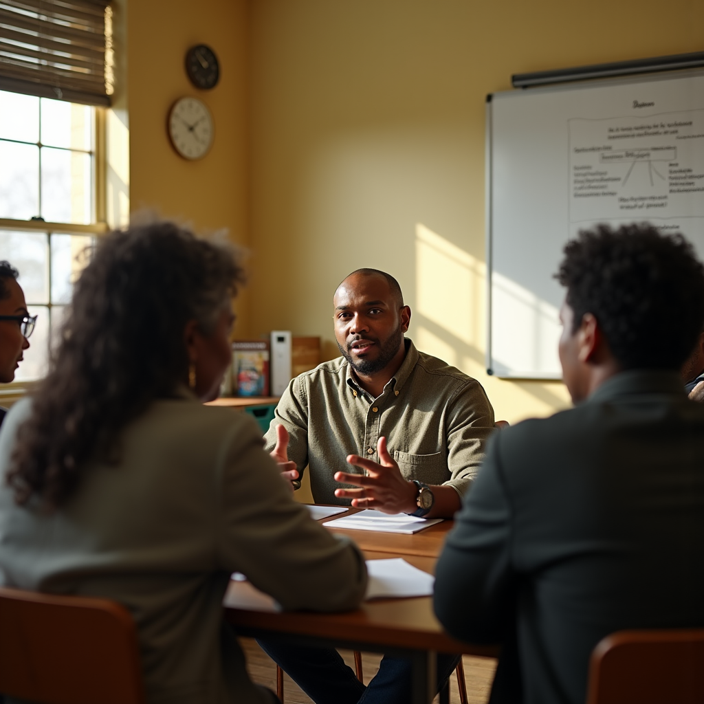 A man sits at a table facing two women in what appears to be a classroom setting.