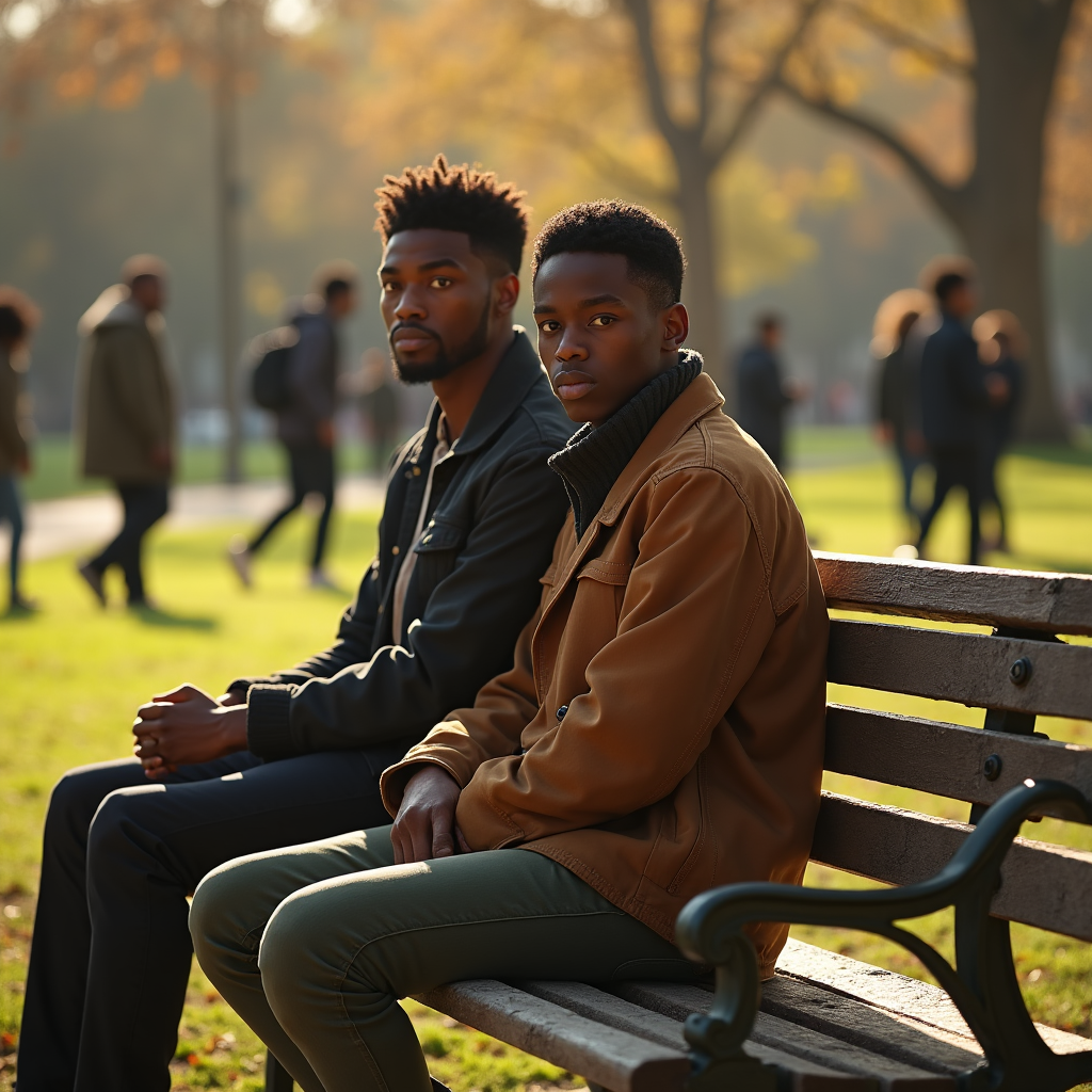 Two young men sit on a park bench as pedestrians stroll by in a sunlit outdoor setting.