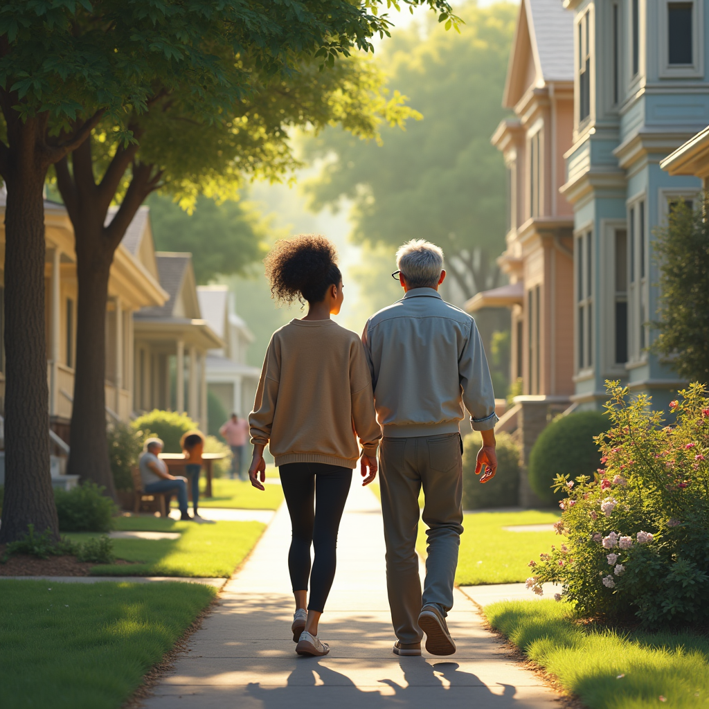 An older man and younger woman walk hand-in-hand down a tree-lined residential street on a sunny morning.