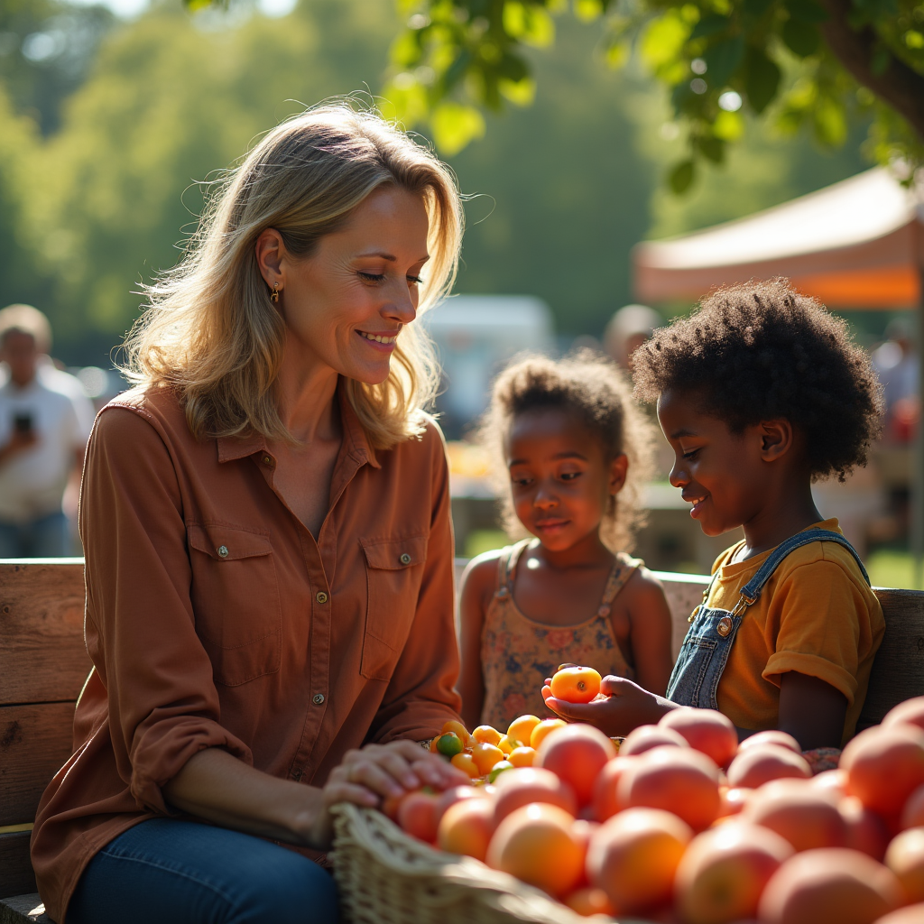 A woman smiles at two young children examining a basket of peaches on a wooden bench.