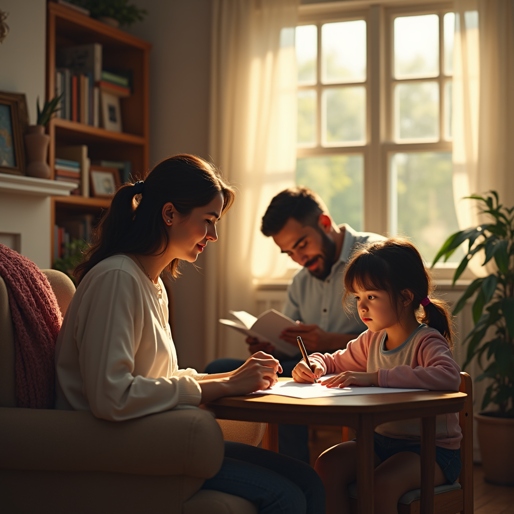 A family sits at a table near a window, writing or drawing together in a bright room.