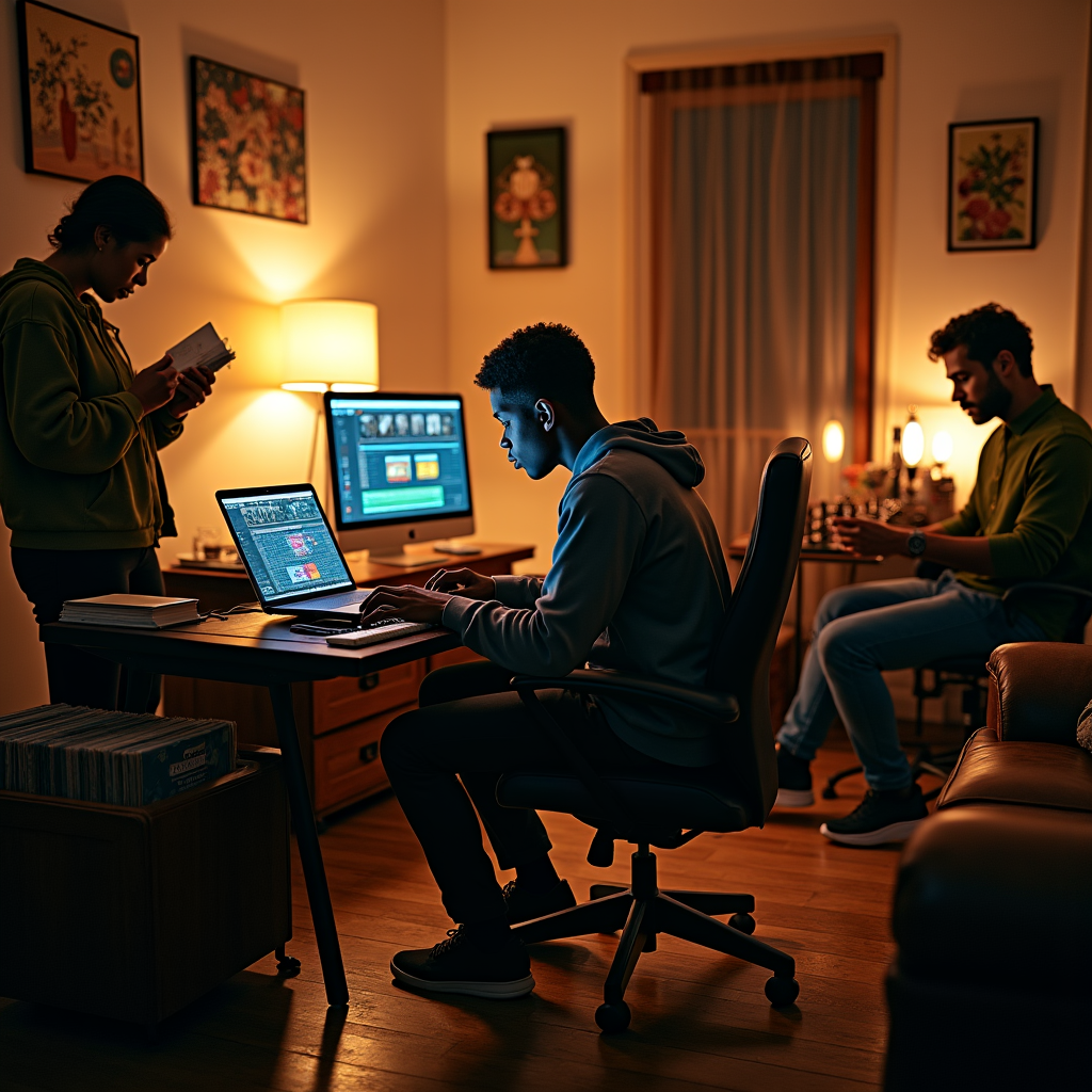Three young men are engaged in different activities within a warmly lit living room.