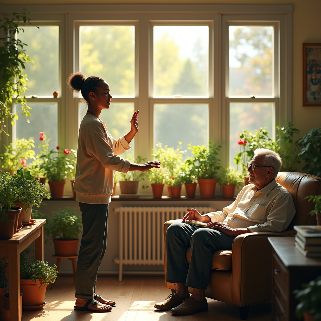 A young woman gestures while speaking with an elderly man in a sunlit room filled with potted plants.