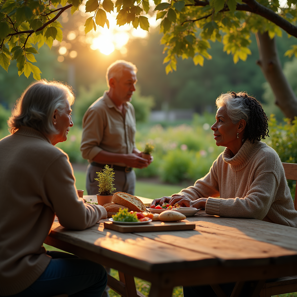 Three older adults enjoy a meal outdoors bathed in golden sunlight beneath a leafy tree.