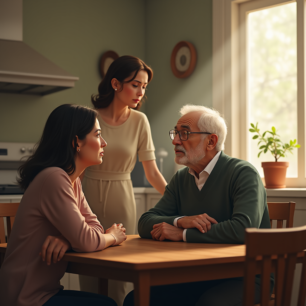 Three people sit at a wooden table; an elderly man looks toward a young woman while another stands nearby.