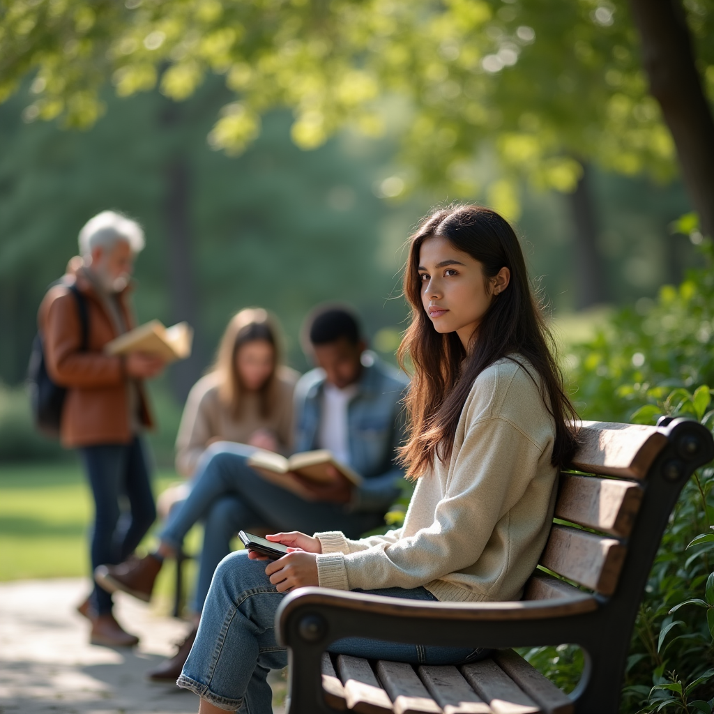 A young woman sits on a wooden bench looking ahead while others read nearby in a park.