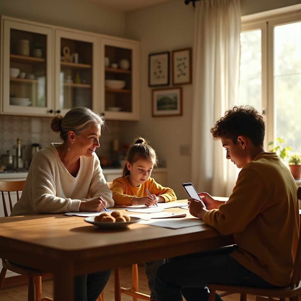 An older woman smiles at a young girl and boy seated around a wooden table with papers and a smartphone.