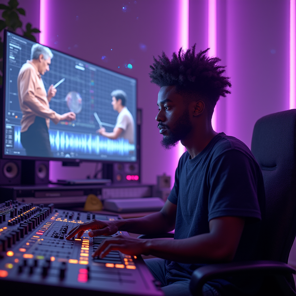 A man with curly hair sits at a soundboard, focused on a video of people recording audio.