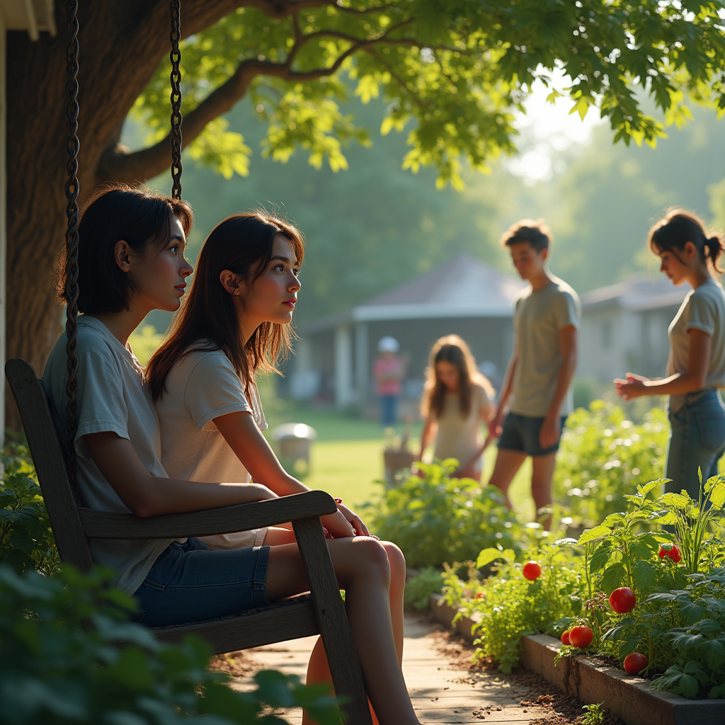Two young women sit on a porch swing as others tend a garden bathed in soft morning light.