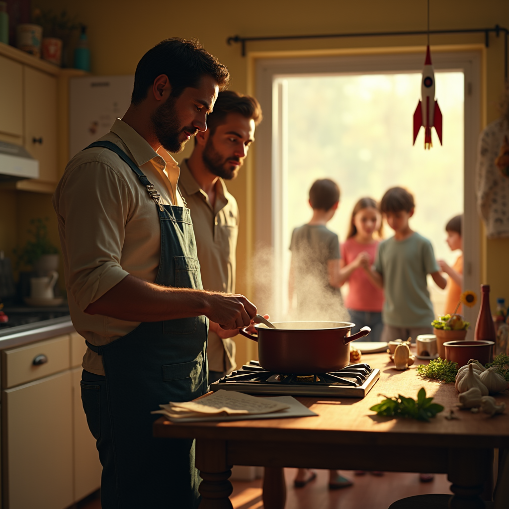 Two men cook on a stove while children watch through a doorway bathed in warm light.