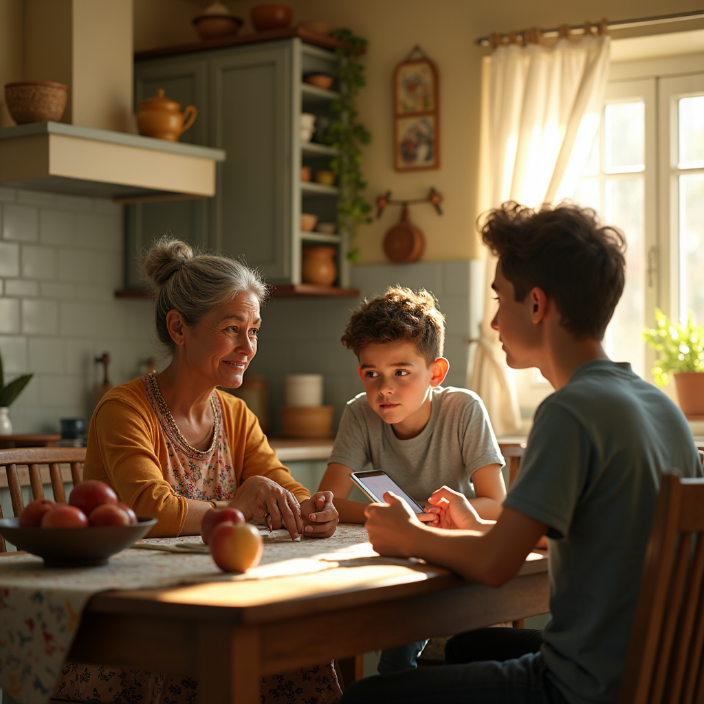 An elderly woman sits at a table with two young boys in a bright kitchen setting.