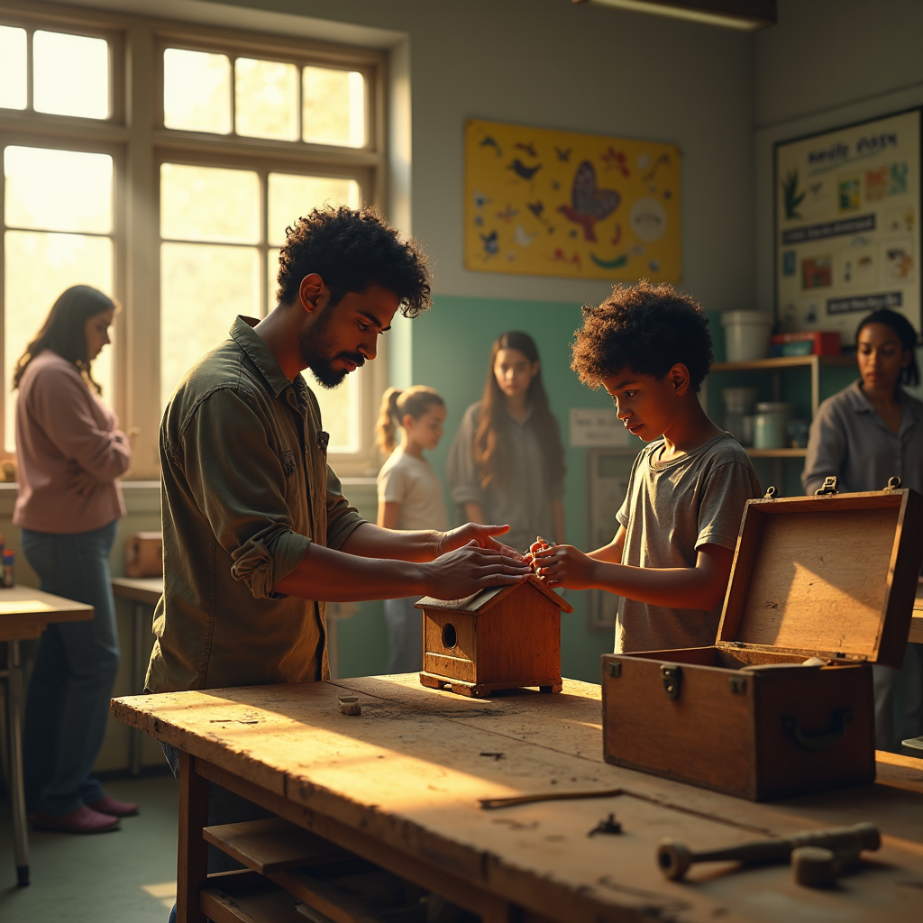 A man guides a young boy as he builds a birdhouse at a table in a bright classroom.
