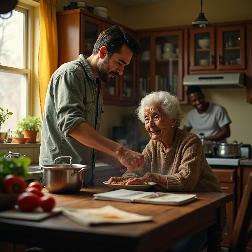 A young man sprinkles seasoning on a plate for an elderly woman seated at a kitchen table.