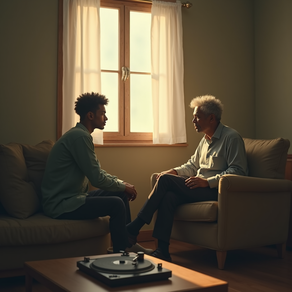 Two men sit on a sofa, bathed in warm light from a nearby window.