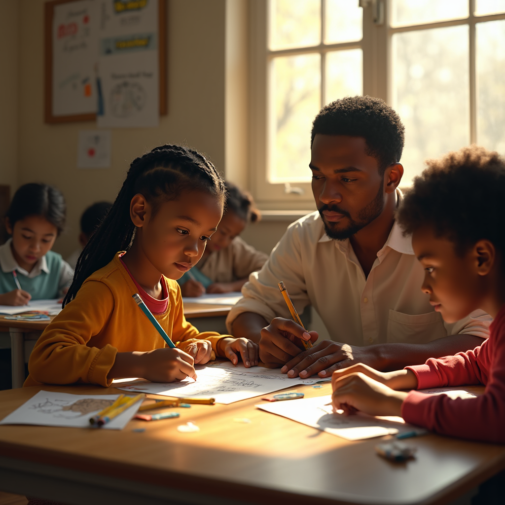 A teacher assists two young students with a drawing lesson at a desk in a bright classroom.