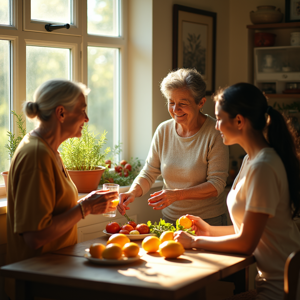Three people sit at a table laden with fruit and vegetables, bathed in warm sunlight.