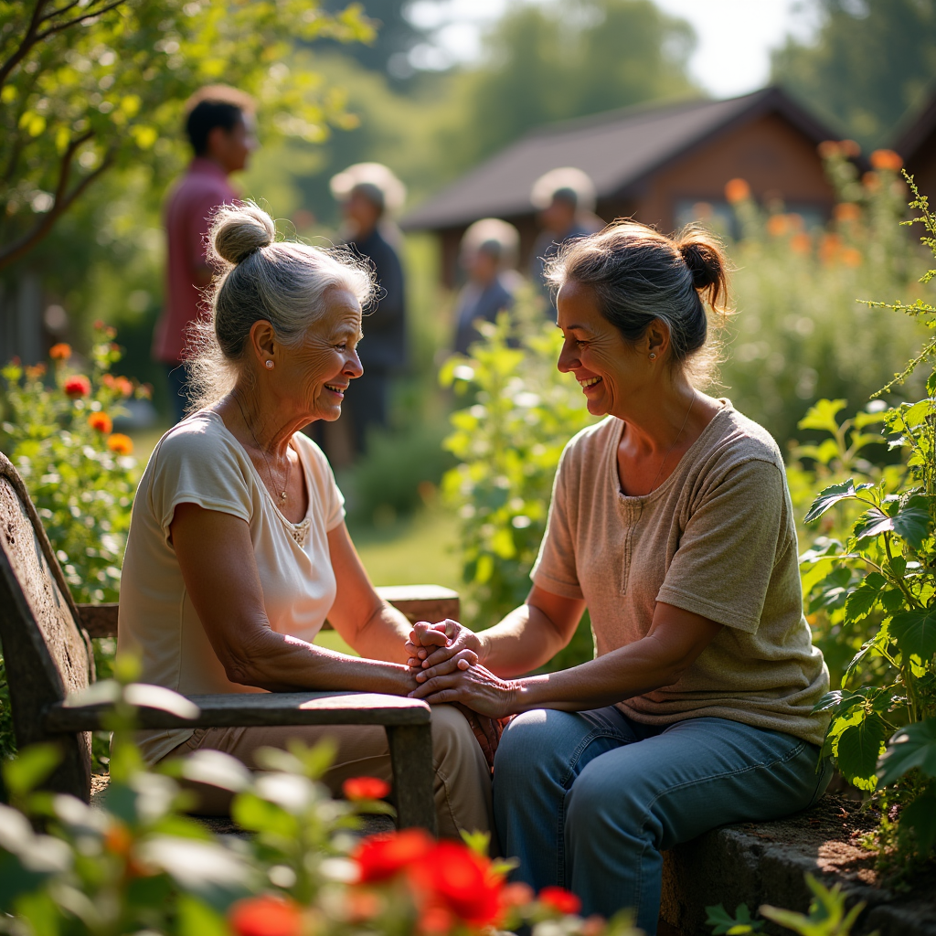Two women with clasped hands smile at each other while seated on a weathered bench in a sunlit garden.