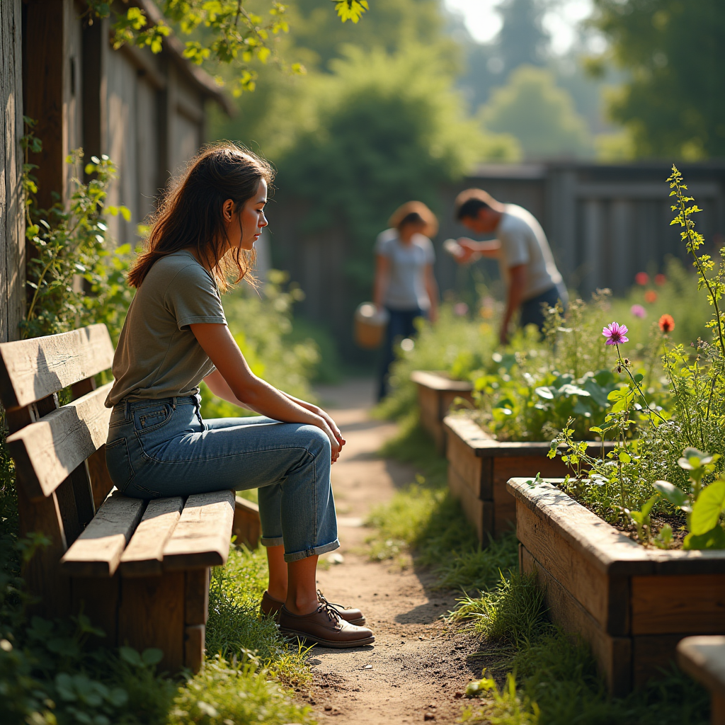 A woman sits on a wooden bench in a garden, while a couple tends to raised flower beds in the background.