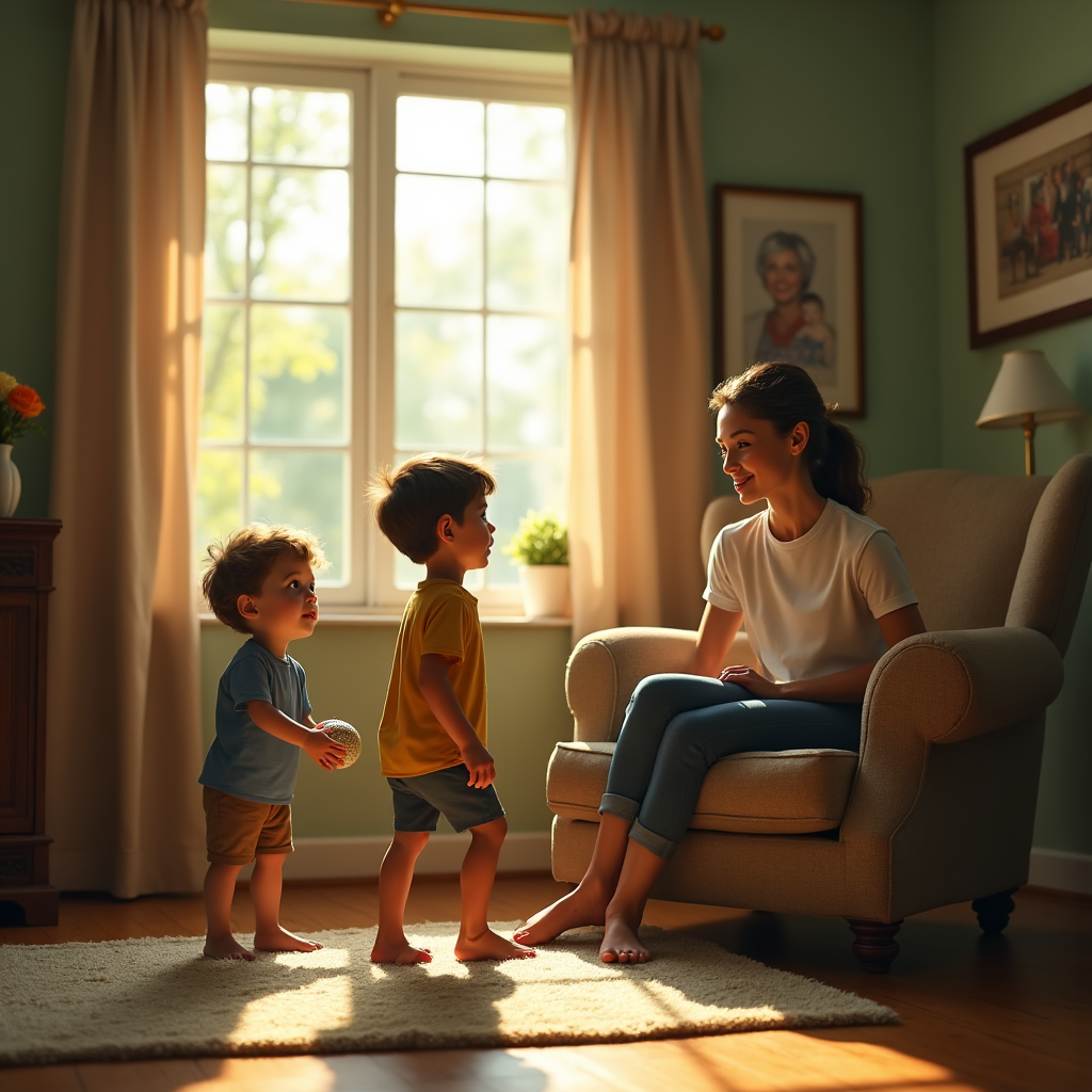 Two toddlers stand near a woman seated in an armchair, bathed in warm light from a nearby window.