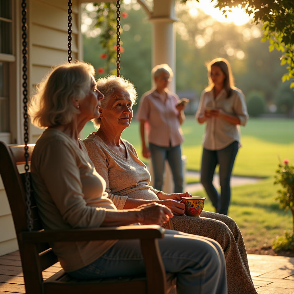 Two older women sit on a porch swing, while two younger women stand nearby in the warm evening light.