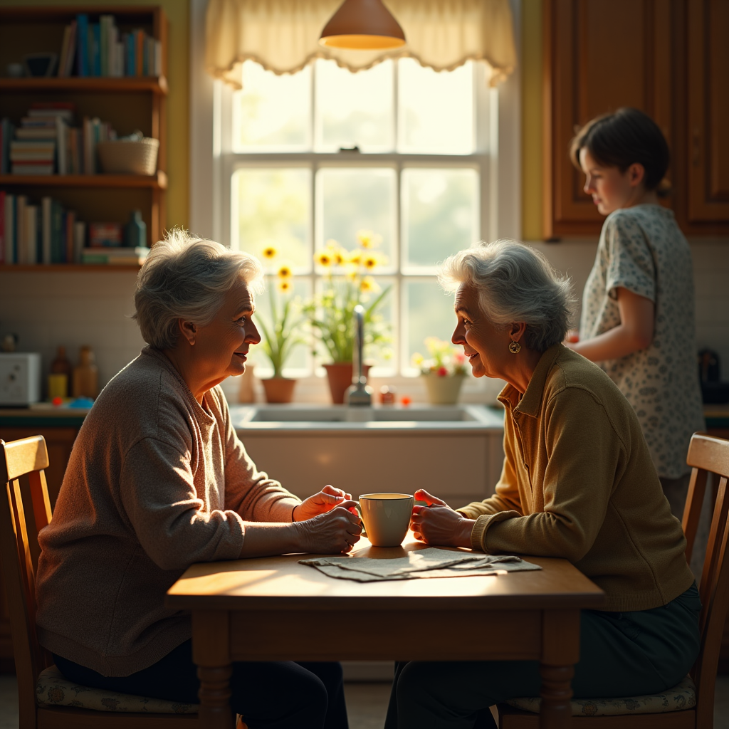 Two elderly women sit at a table, holding hands and smiling, with a child visible in the background.