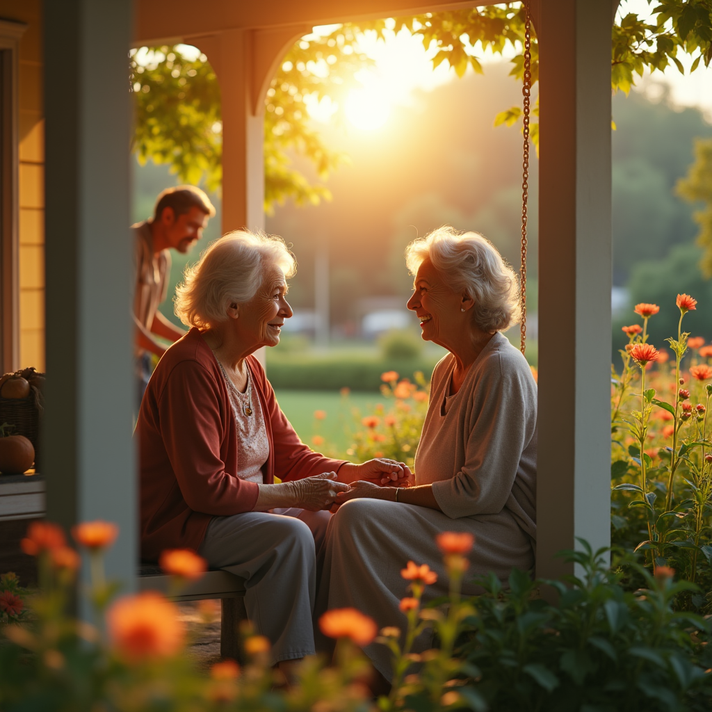 Two elderly women holding hands and smiling on a porch swing, bathed in warm sunlight.