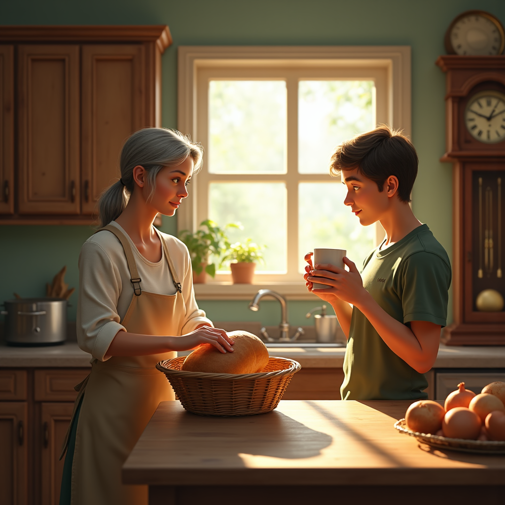 Two people stand in a sunlit kitchen, a basket of bread between them, and a grandfather clock nearby.