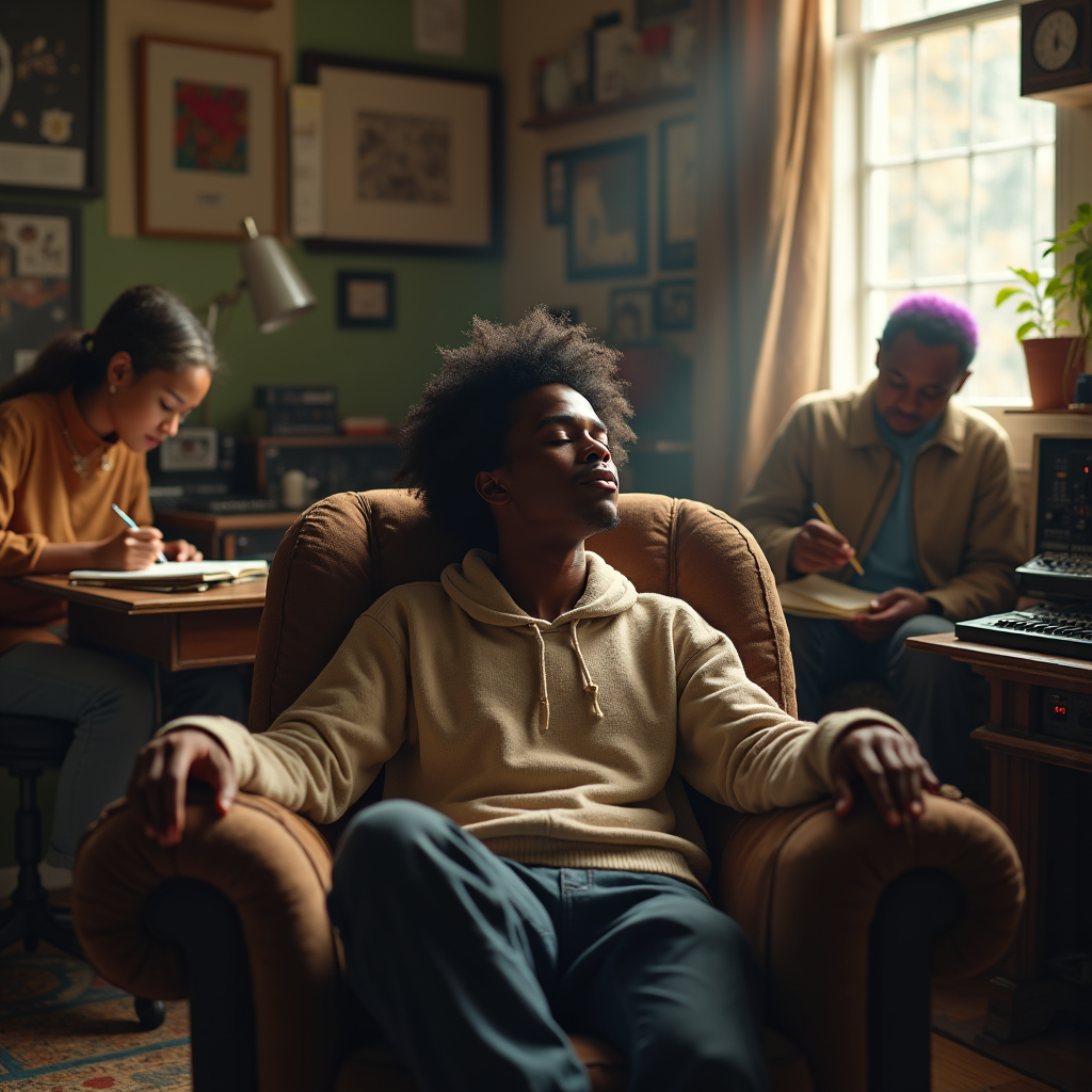 A relaxed man sits in an armchair between two people working at desks in a cozy, art-filled room.