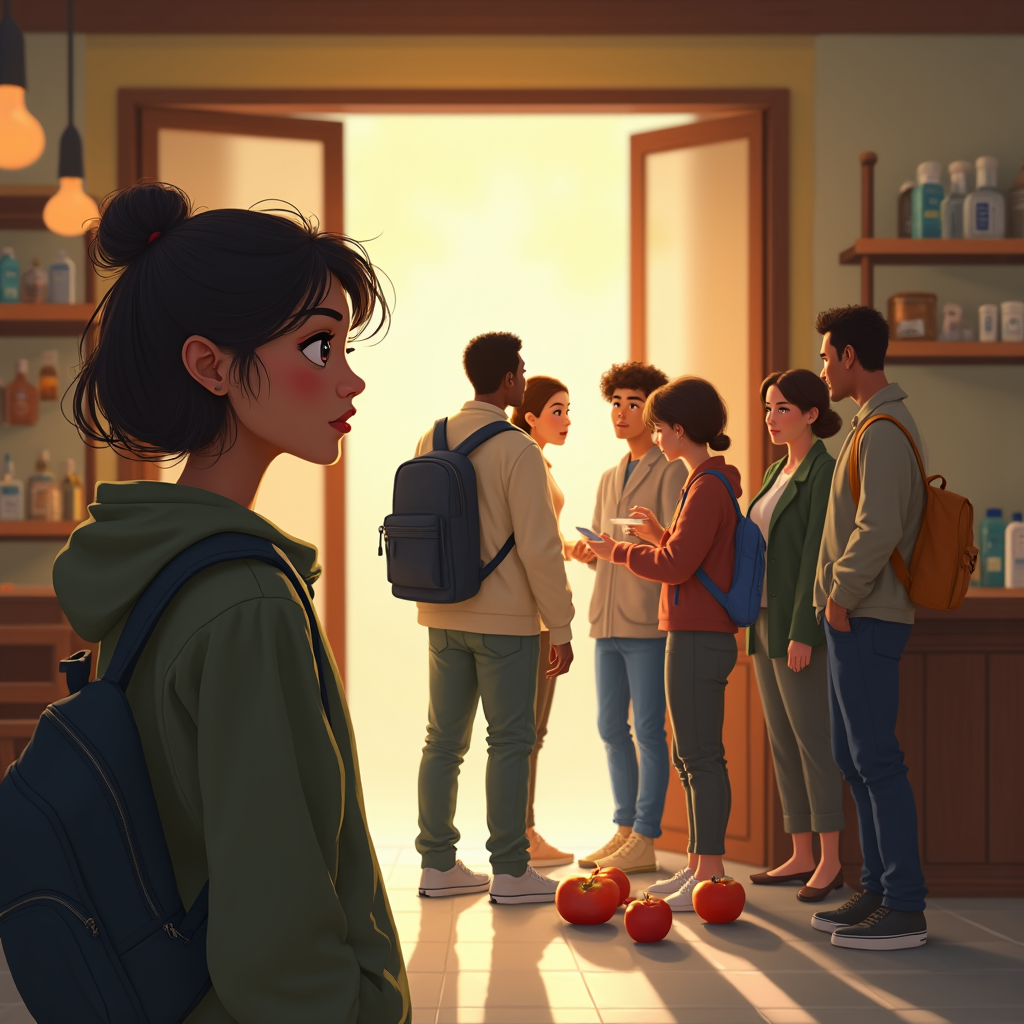 A young woman stands facing a group of people near a doorway bathed in warm light.