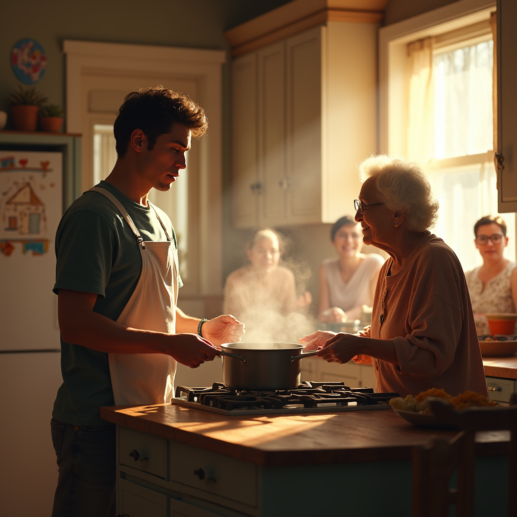 A young man assists an elderly woman while cooking in a bright, sunlit kitchen.