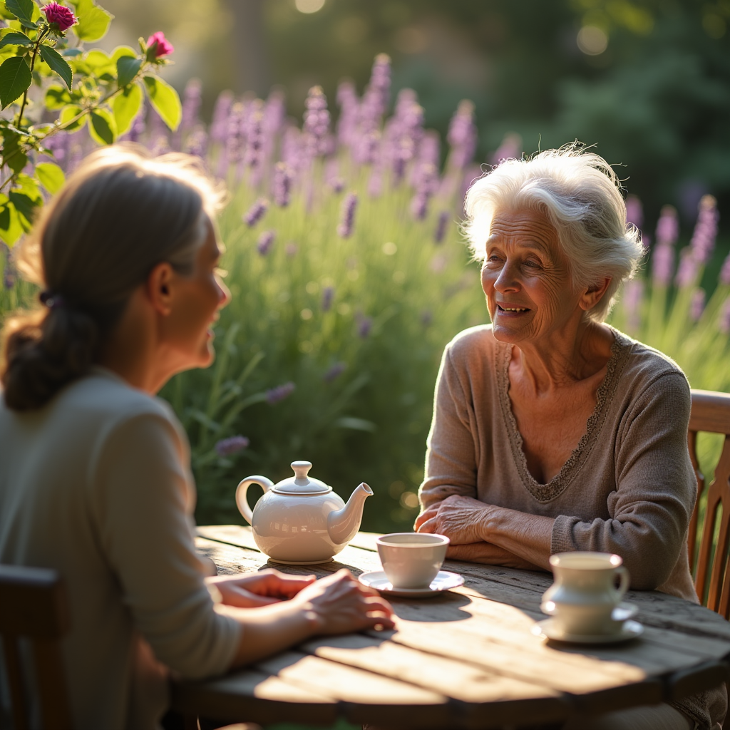 Two women enjoy tea at an outdoor table amidst lavender and lush greenery.