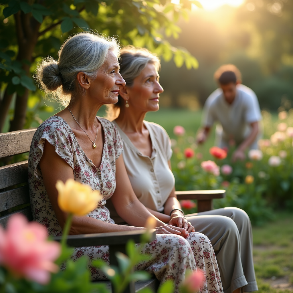 Two older women with gray hair sit on a bench, holding hands, while a young person tends a garden in the background.