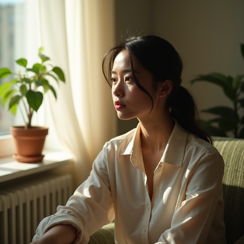 A young woman with dark hair and a button-down shirt gazes out a sunlit window with a potted plant.
