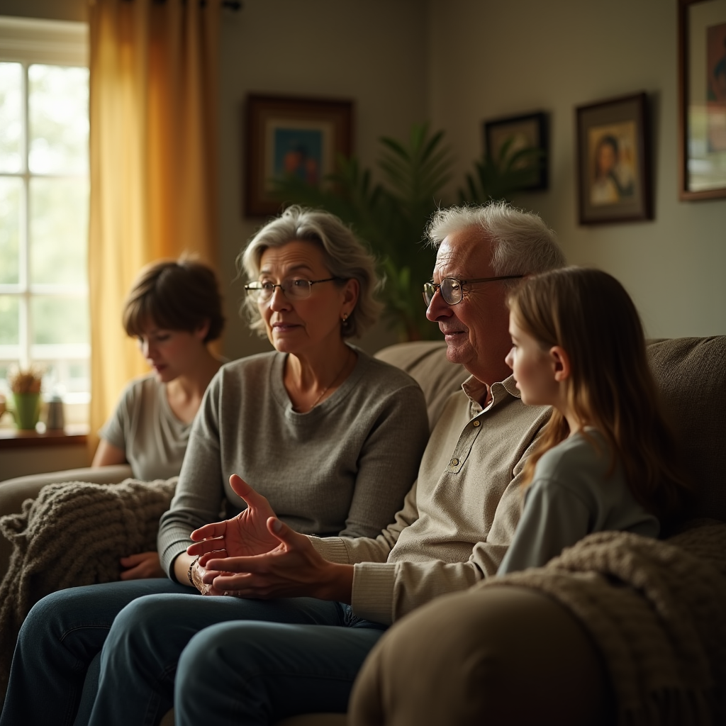 An older man with glasses gestures while speaking to a girl and a woman on a sofa in a warmly lit living room.