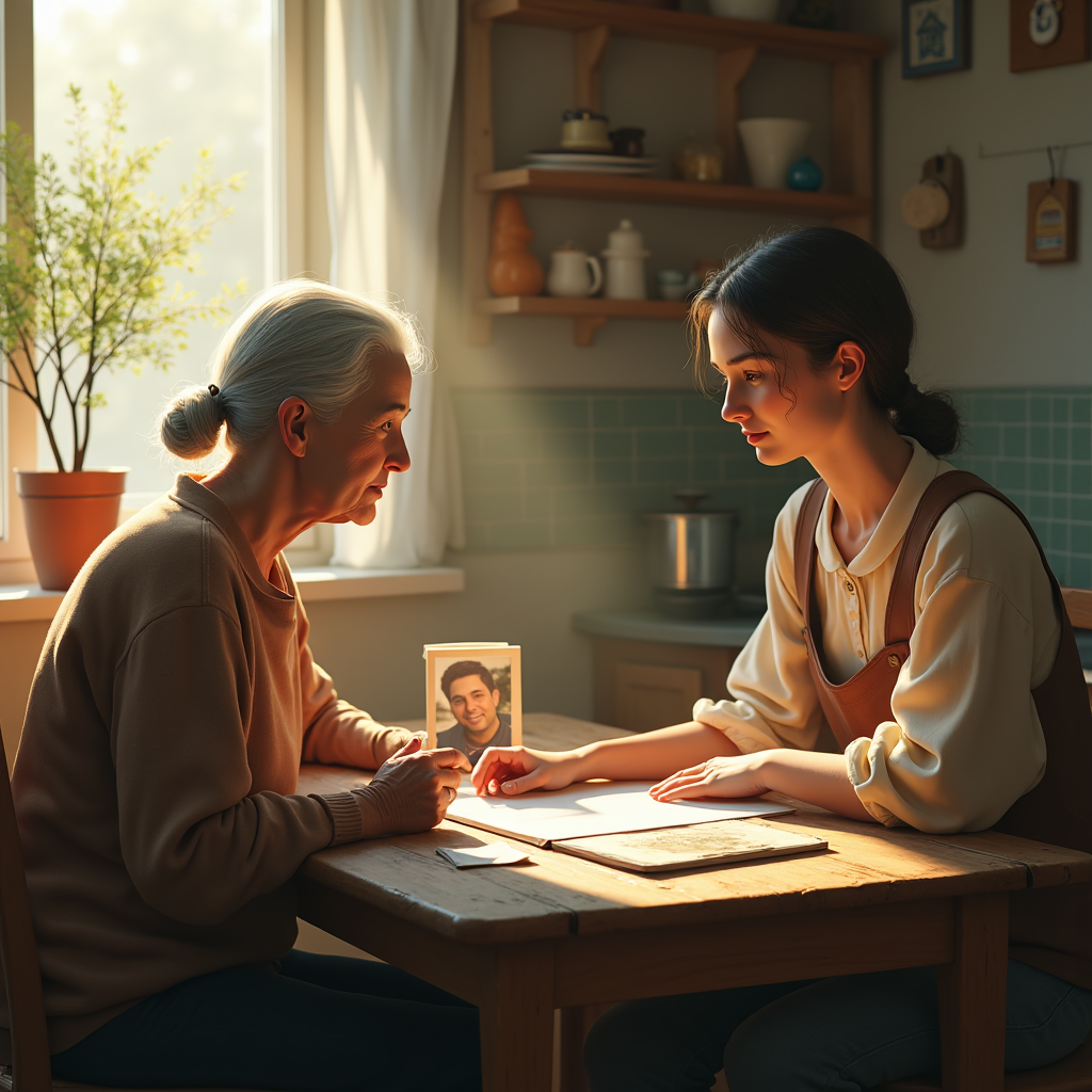 An elderly woman and a young woman sit across from each other at a wooden table, gazing at a framed photo.