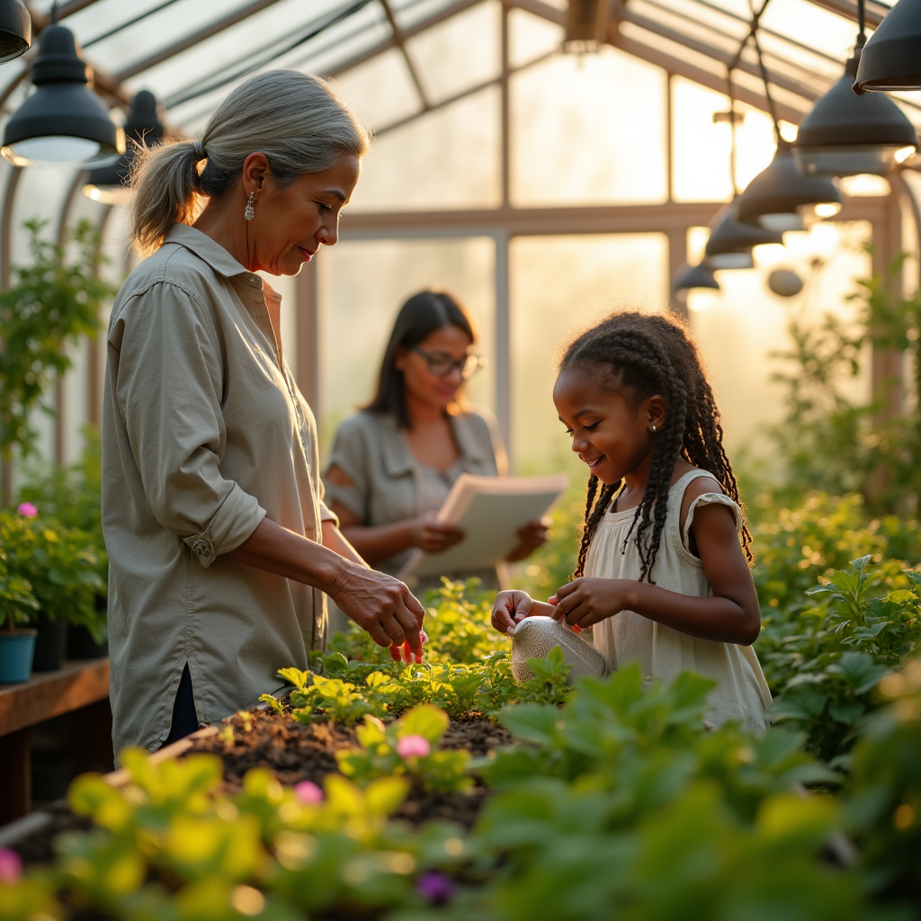 An older woman and young girl tend plants in a greenhouse, while another woman looks on with a tablet.