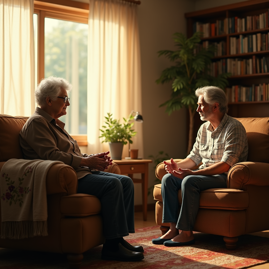 Two older adults sit facing each other on brown armchairs in a sunlit living room.