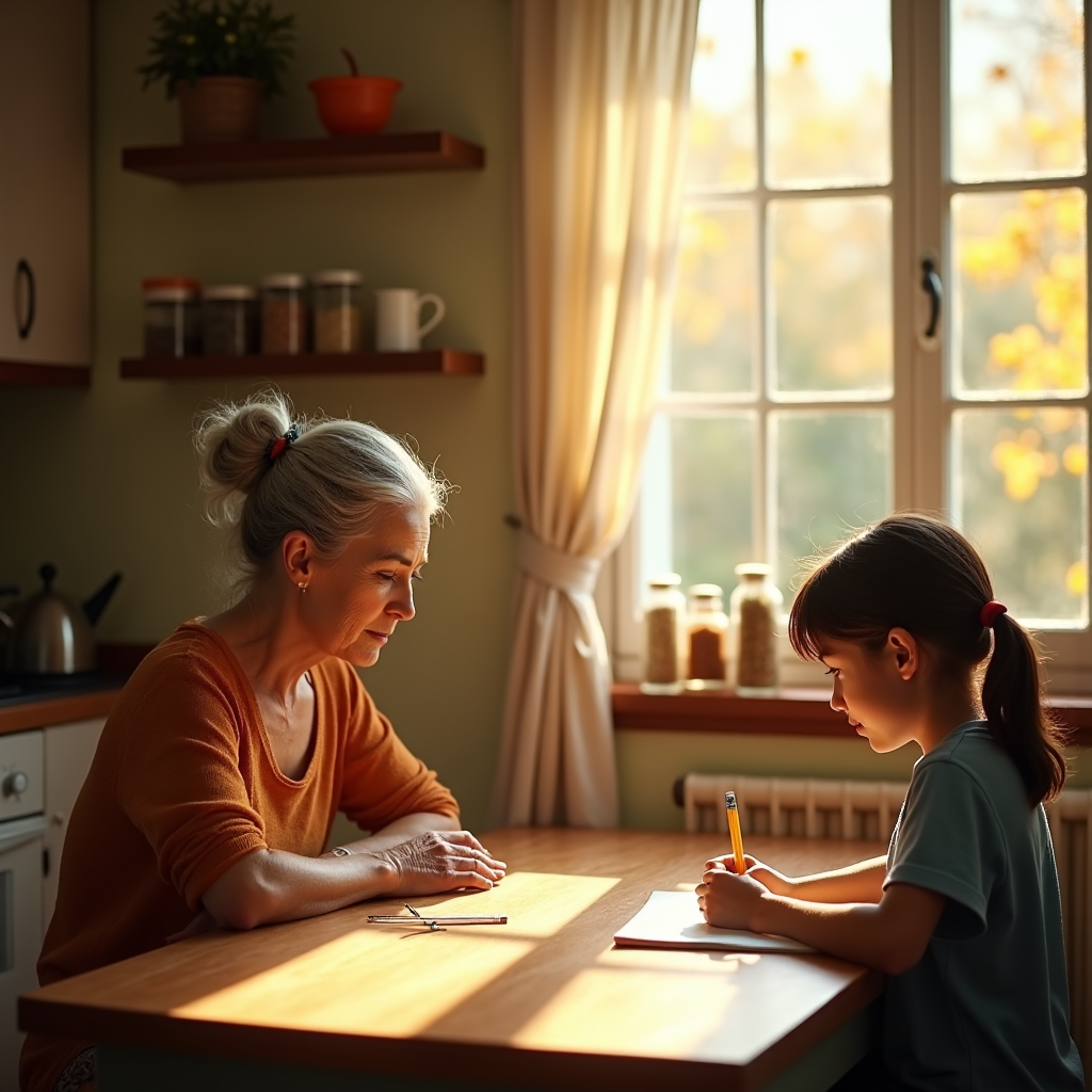 An elderly woman and a young girl sit at a wooden table, focused on writing.