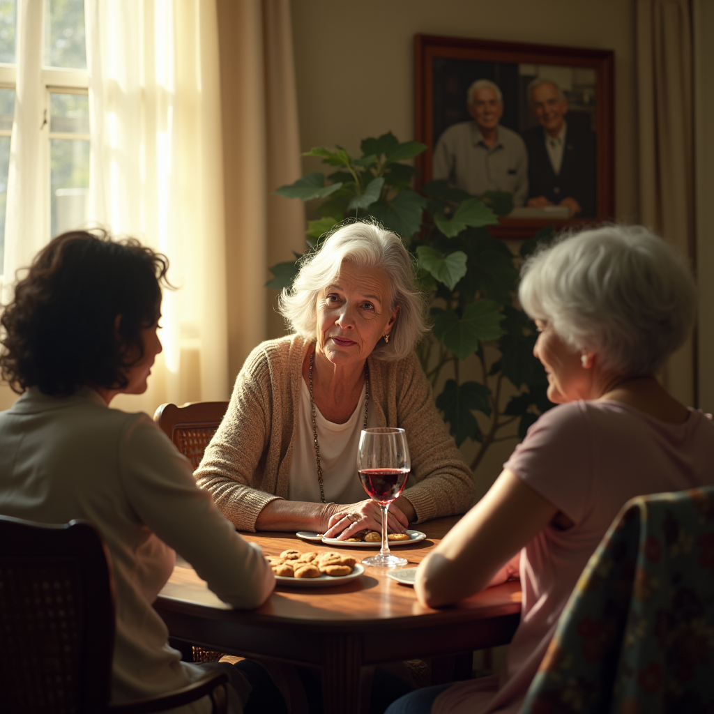 Three women sit around a table with wine and biscuits in a warmly lit room, a framed portrait visible behind them.