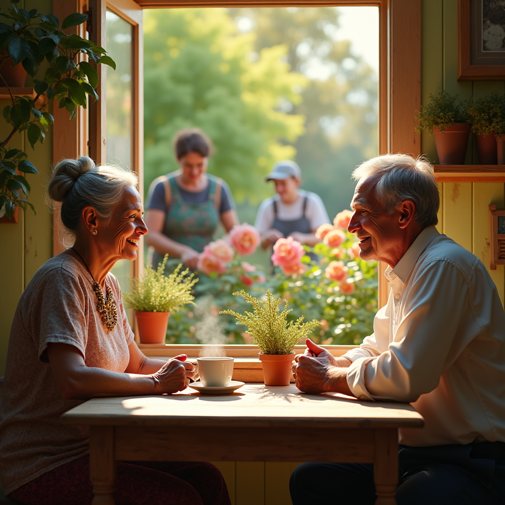 An elderly couple smiles across a small table in a sunlit room, with gardeners visible outside the window.