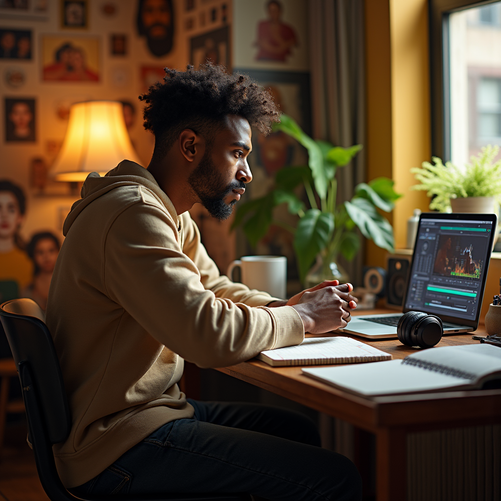 A young man with curly hair sits at a desk, editing video on a laptop.