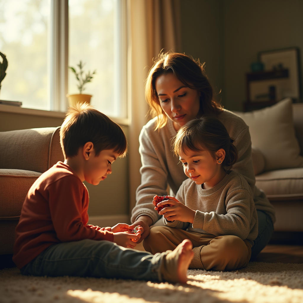 A woman sits with two young children, playing with building blocks on a rug in a sunlit living room.