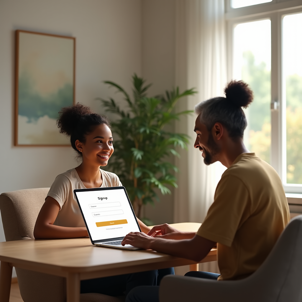 Two people sit at a table, one using a laptop displaying a "Signup" form.