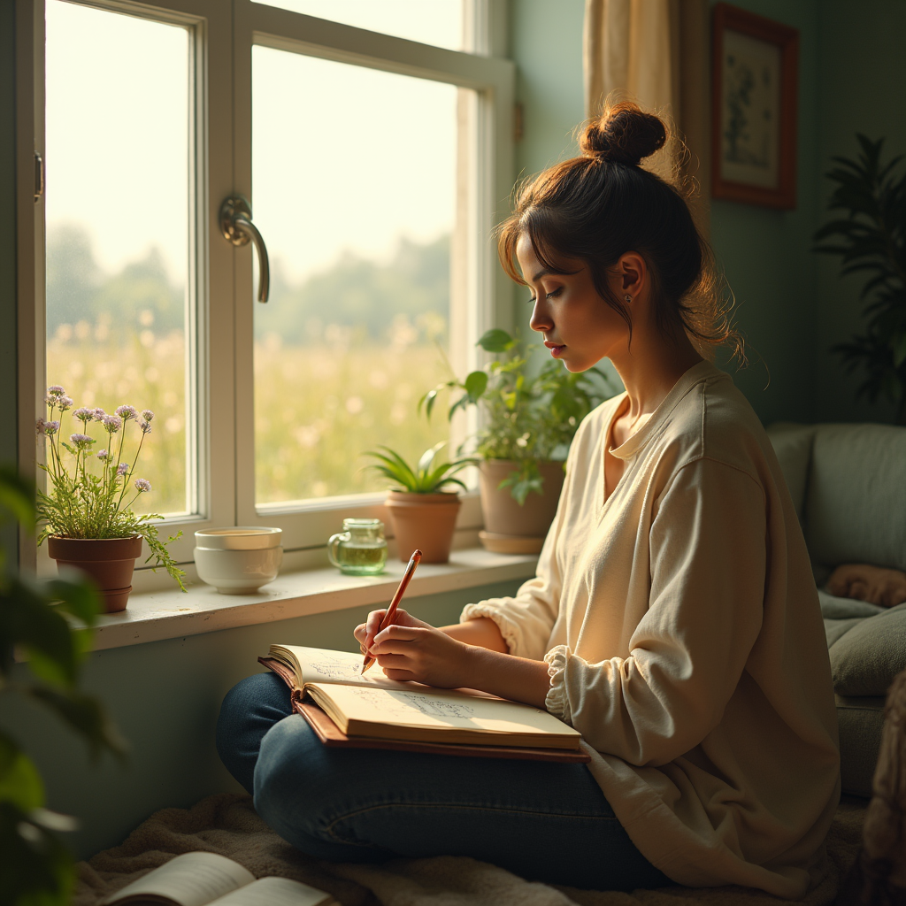 A young woman sits writing in a sketchbook near a window with a view of a meadow.