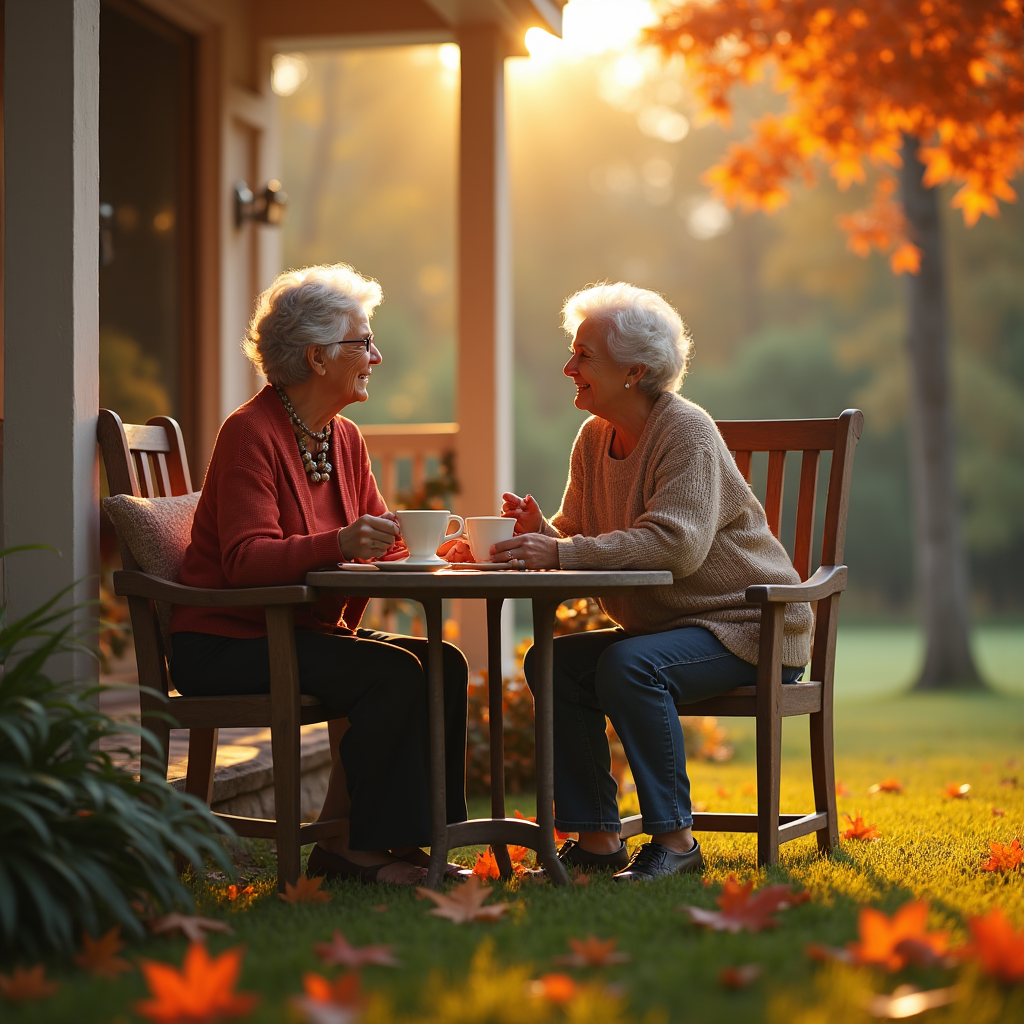 Two elderly women laugh while sitting at a table with mugs, bathed in golden autumn light.