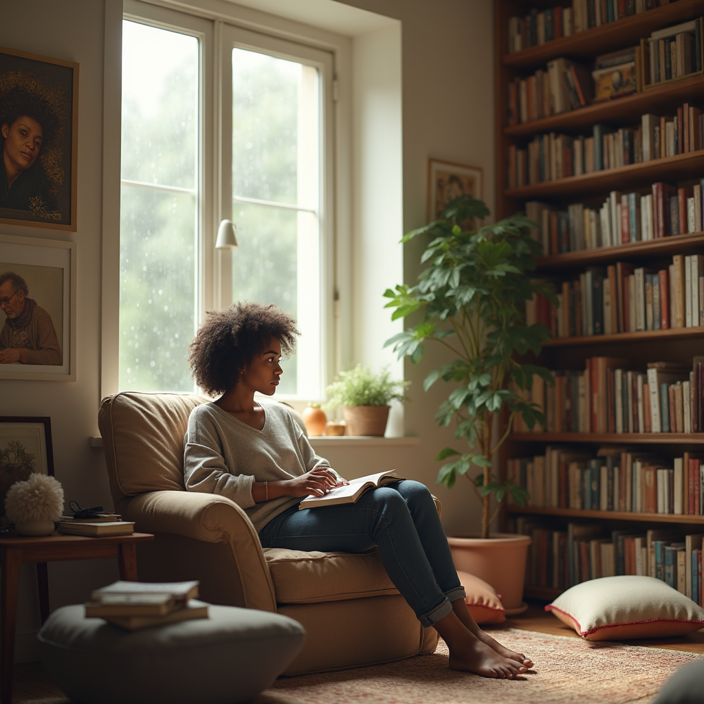 A woman with an afro sits in an armchair reading a book near a window and bookshelves.
