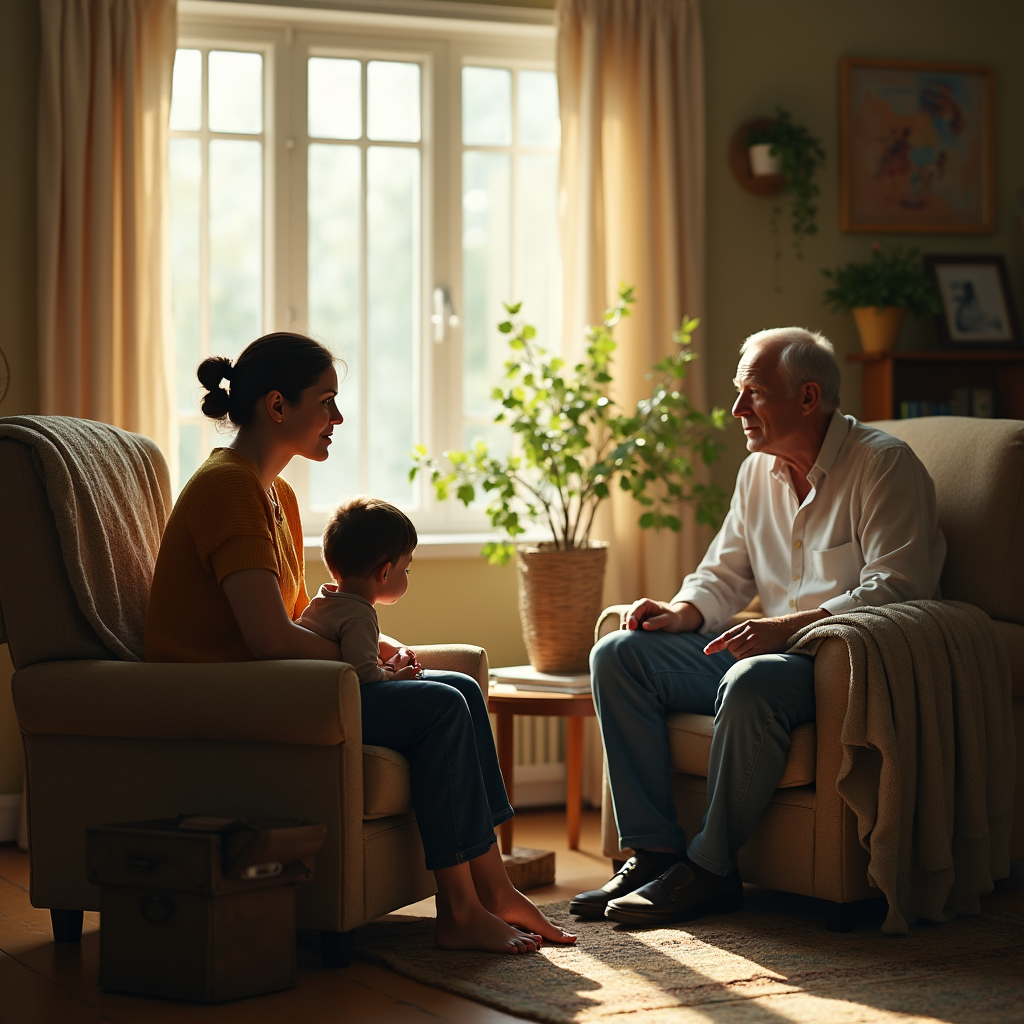 A multigenerational family—grandmother, mother, and child—sit in a sunlit living room, engaged in conversation.
